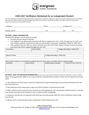 2026-2027 Verification Worksheet for an Independent Student