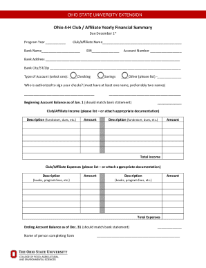 Ohio 4-H Club Yearly Financial Summary