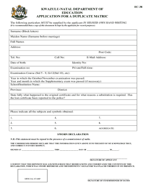 Application for Duplicate Matric Certificate
