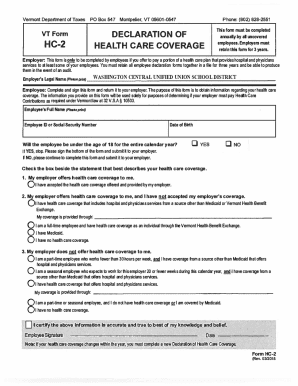 Vermont Health Care Coverage Declaration Form