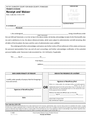 Tennessee Probate Receipt and Waiver