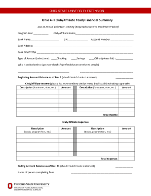 Ohio 4-H Club Yearly Financial Summary