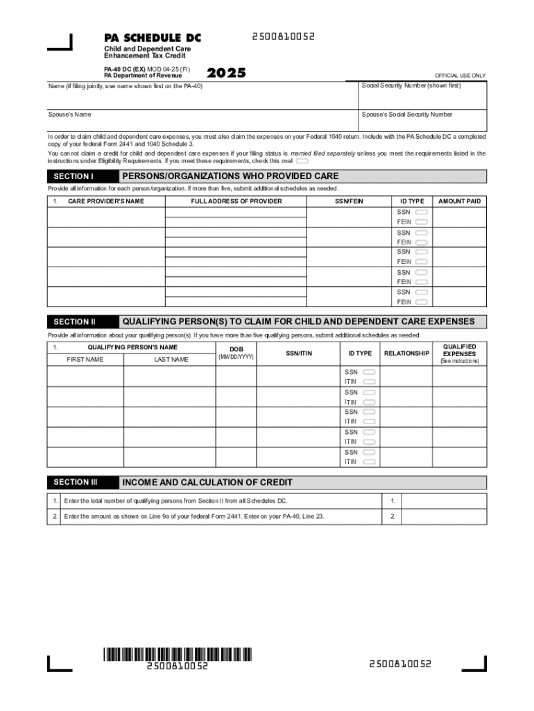 PA Schedule DC Child and Dependent Care Tax Credit Form - Fill Out ...