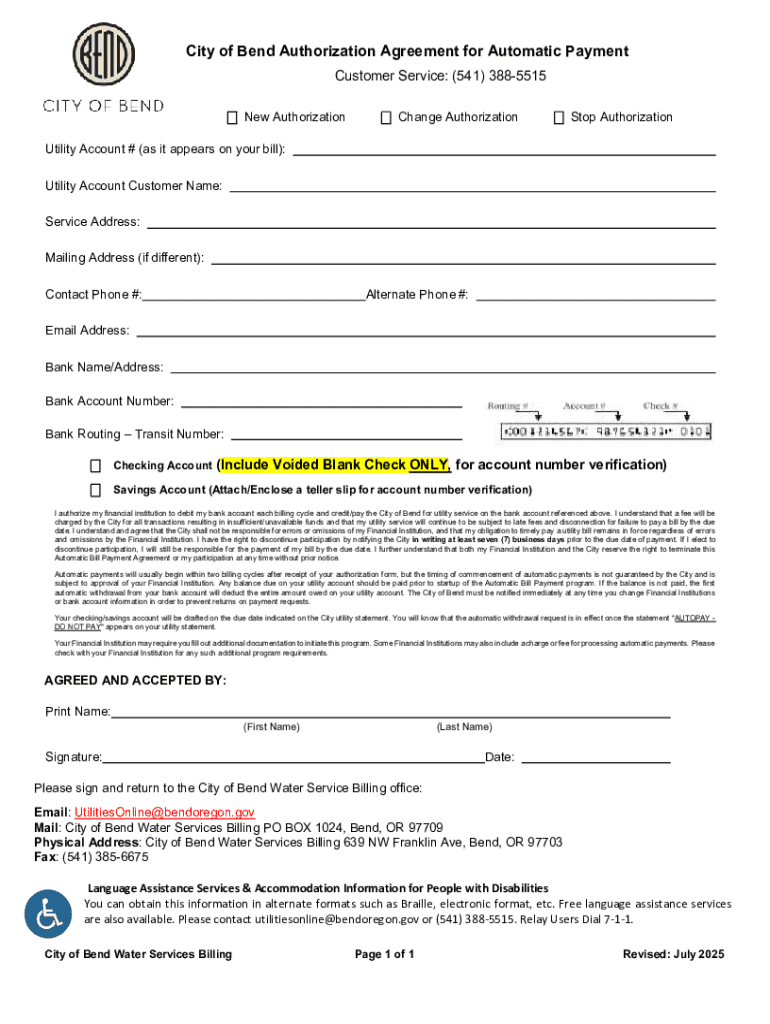 City of Bend Automatic Payment Authorization Agreement - Blank Fillable ...