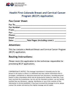 Health First Colorado Breast and Cervical Cancer Program Application Fax Cover Sheet