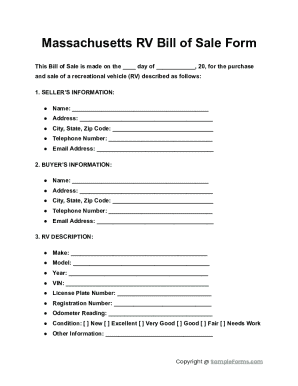 Massachusetts RV Bill of Sale Form
