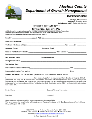 Alachua County Pressure Test Affidavit