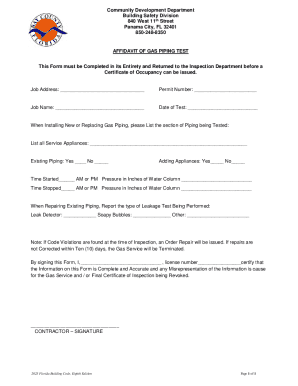 Affidavit of Gas Piping Test