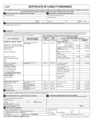 Certificate of Liability Insurance
