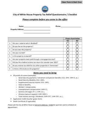 City of White House Property Tax Relief Questionnaire