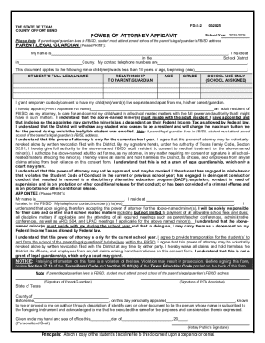 Texas Power of Attorney Affidavit for School Year 2025-2026