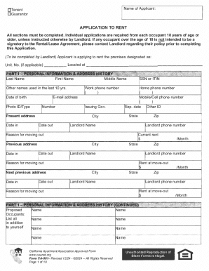 California Tenant Rental Application Form
