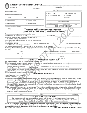 Maryland Eviction Warrant of Restitution