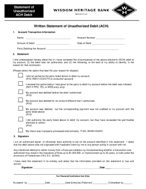 Unauthorized ACH Debit Dispute Form