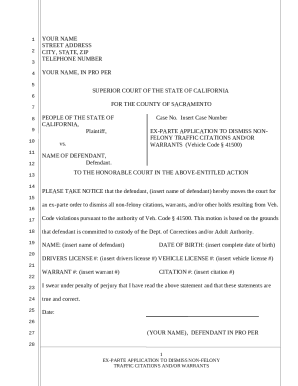 Ex-Parte Application to Dismiss Non-Felony Traffic Citations and Warrants