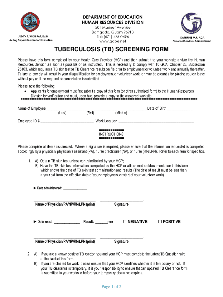 Tuberculosis Screening Form - Blank Fillable Template | Fill Out, Print ...