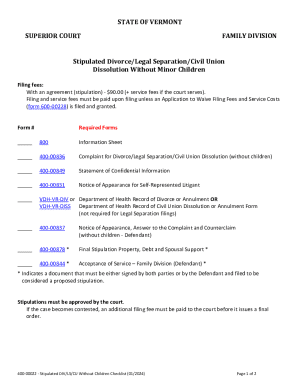 Vermont Stipulated Divorce Checklist