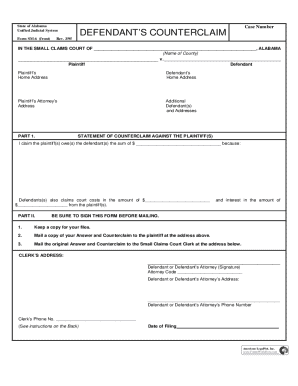 Alabama Small Claims Court Counterclaim Form