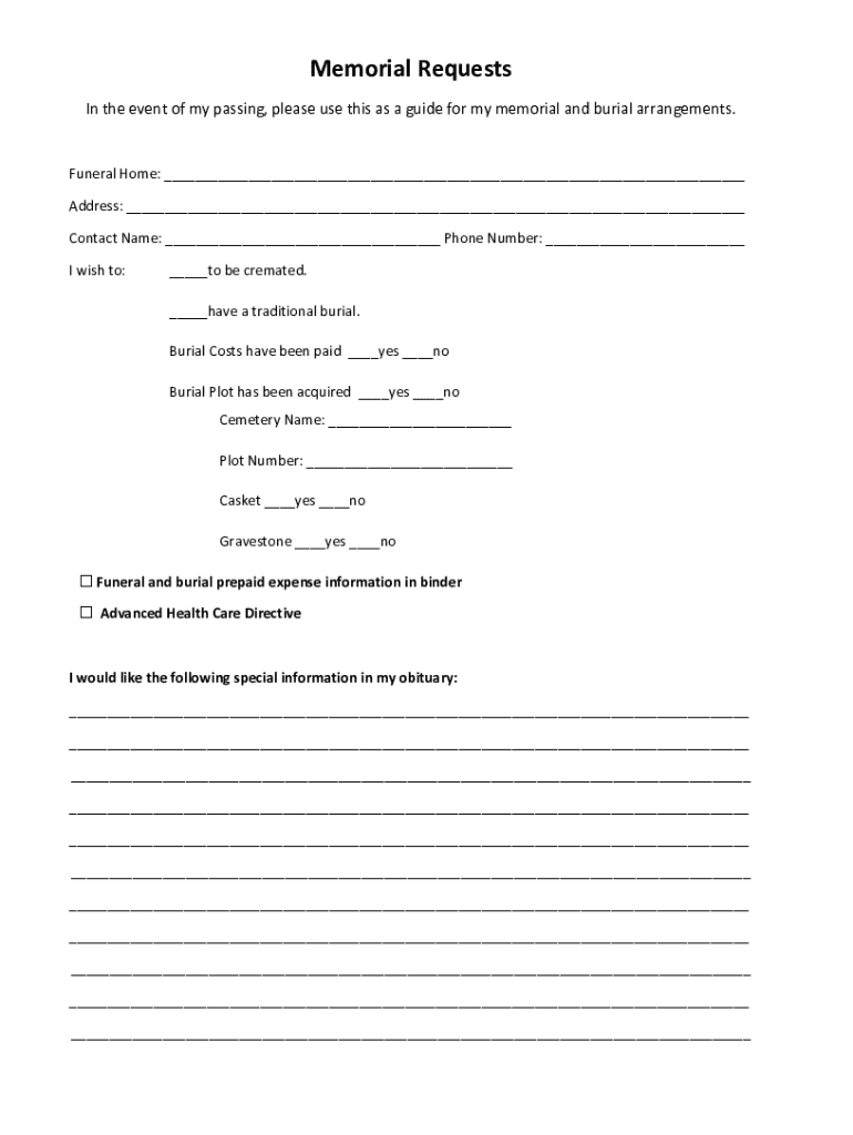 Memorial and Burial Arrangement Form - Blank Fillable Template | Fill ...