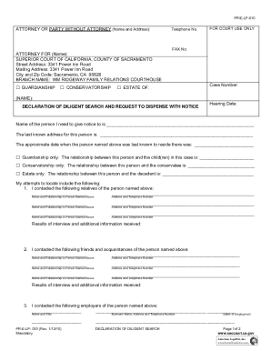 Declaration of Diligent Search and Request to Dispense with Notice