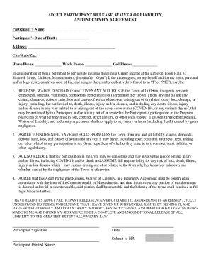 Adult Participant Release Waiver of Liability and Indemnity Agreement