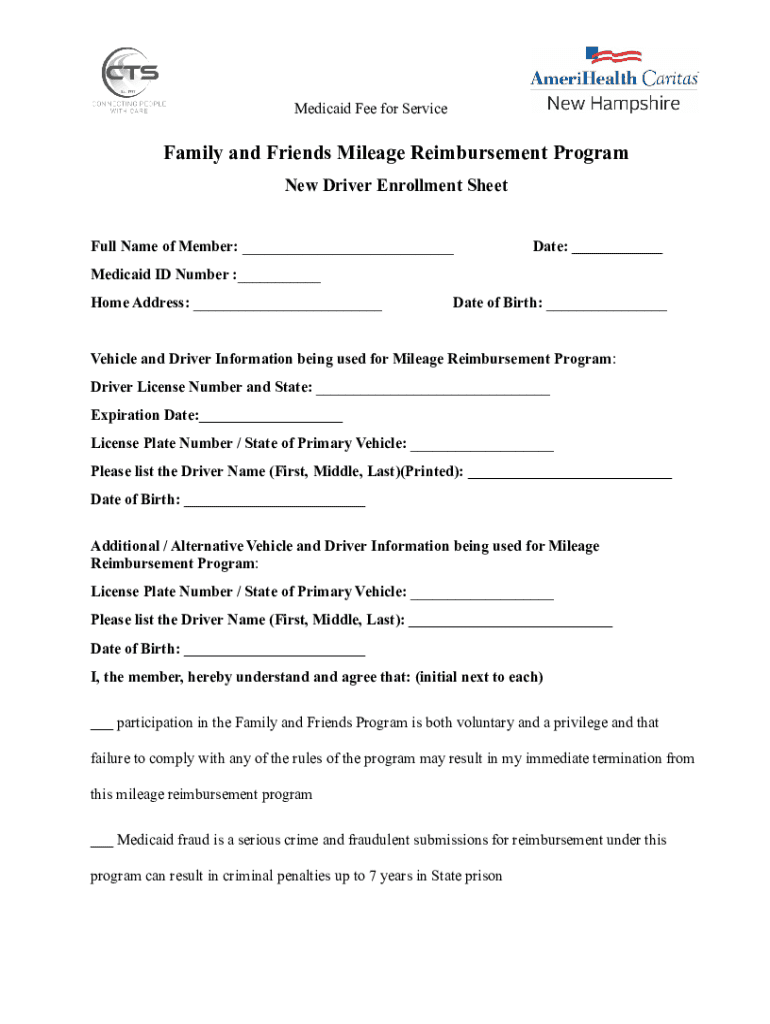Medicaid Family and Friends Mileage Reimbursement Form - Blank Fillable ...
