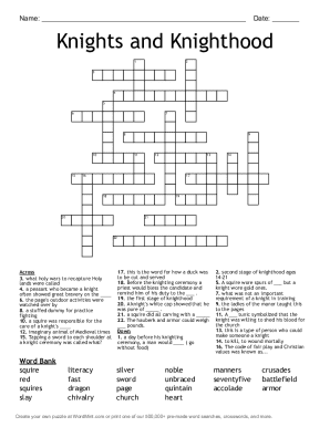 Knights and Knighthood Crossword Puzzle