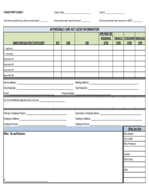 Affordable Care Act Application Form