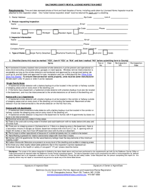 Baltimore County Rental License Inspection Sheet