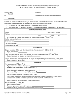 Idaho Application for Attorney at Public Expense