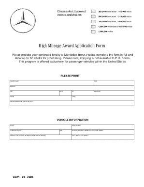 Mercedes-Benz High Mileage Award Application Form
