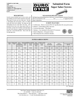 Job Submittal Form for Super Saber Screws