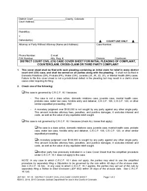 Colorado District Court Civil Case Cover Sheet