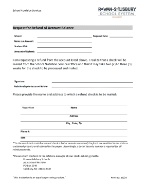 School Nutrition Services Refund Request Form