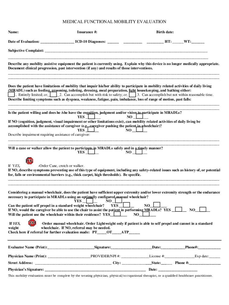 Medical Functional Mobility Evaluation Form - Blank Fillable Template ...