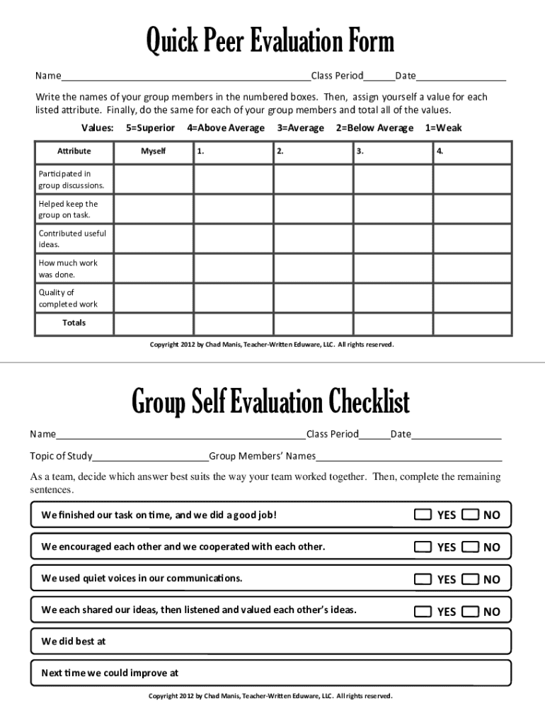 Peer Evaluation Form - Blank Fillable Template | Fill Out, Print ...