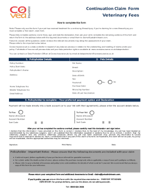 Continuation Claim Form for Veterinary Fees