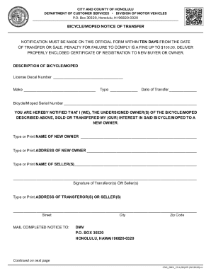 Hawaii Bicycle Moped Transfer Notice