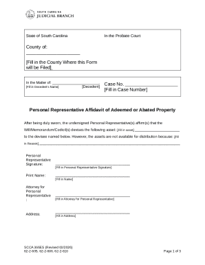 South Carolina Personal Representative Affidavit of Adeemed or Abated Property