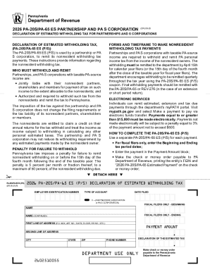PA-20S/PA-65 ES Partnership and S Corporation Withholding Tax Form