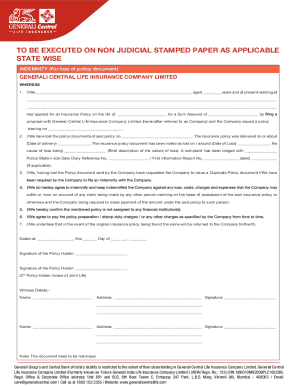 Indemnity Form for Lost Insurance Policy