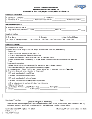 NC Medicaid Pharmacy Prior Approval Request for Hematinics