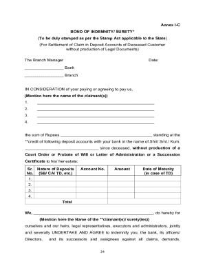 Bond of Indemnity for Deceased Customer Deposit Settlement