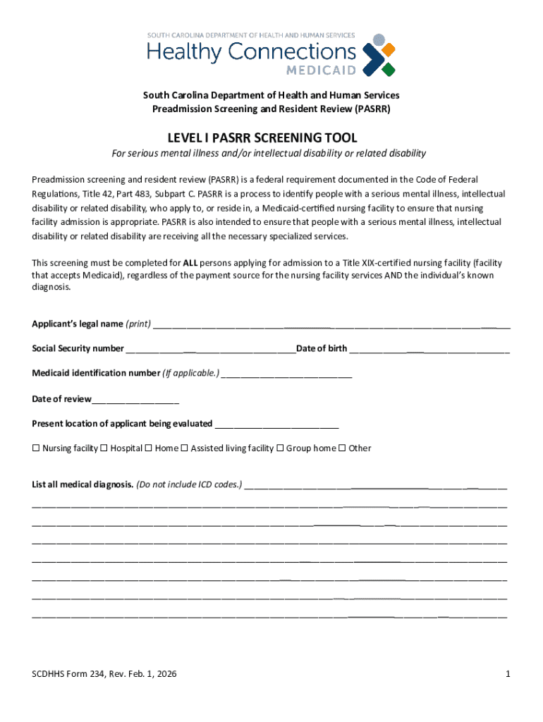South Carolina PASRR Level I Screening Tool - Blank Fillable Template ...