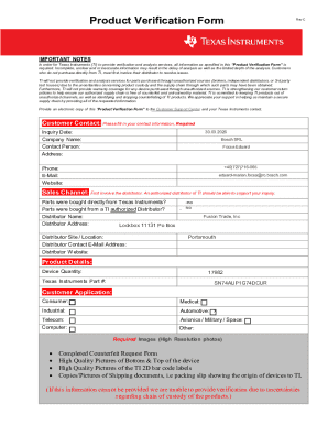 Texas Instruments Product Verification Form