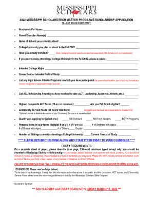 Mississippi Scholars/Tech Master Programs Scholarship Application