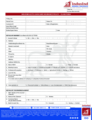 IndusInd Auto Loan Care Insurance Claim Form