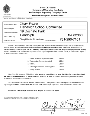 Massachusetts M109 Form
