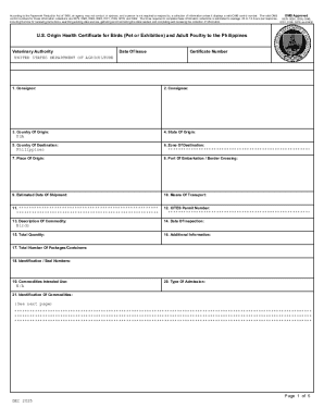 USDA Health Certificate for Birds to Philippines