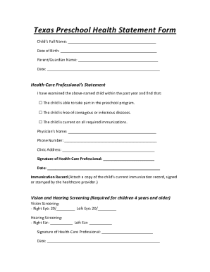 Texas Preschool Health Statement Form